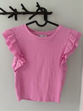 ZARA Pink Ruffle Sleeve Ribbed fitted cop Top Medium